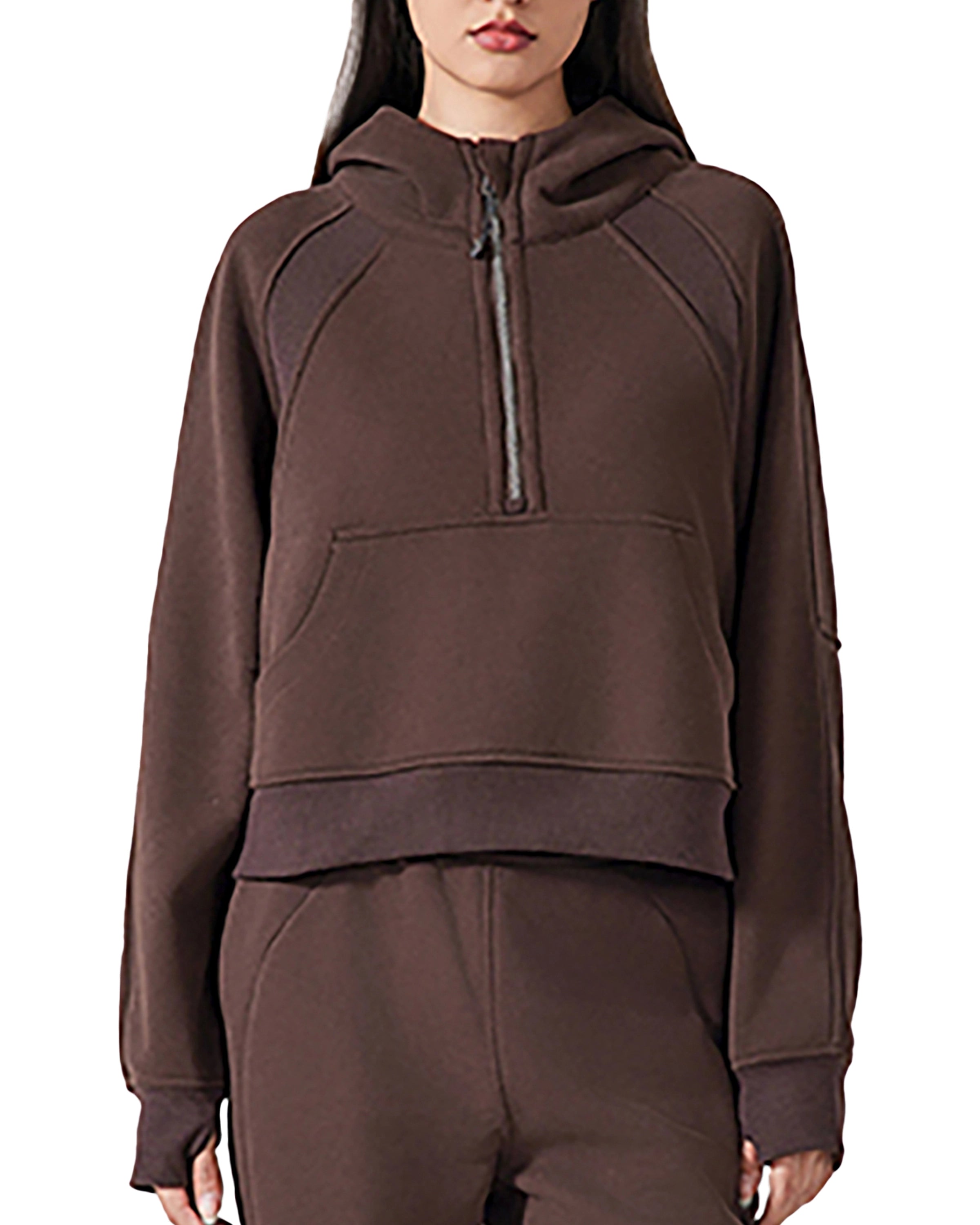 Coffee Women's Half-Zip Cropped Hoodie Front Look - Hanggerrz