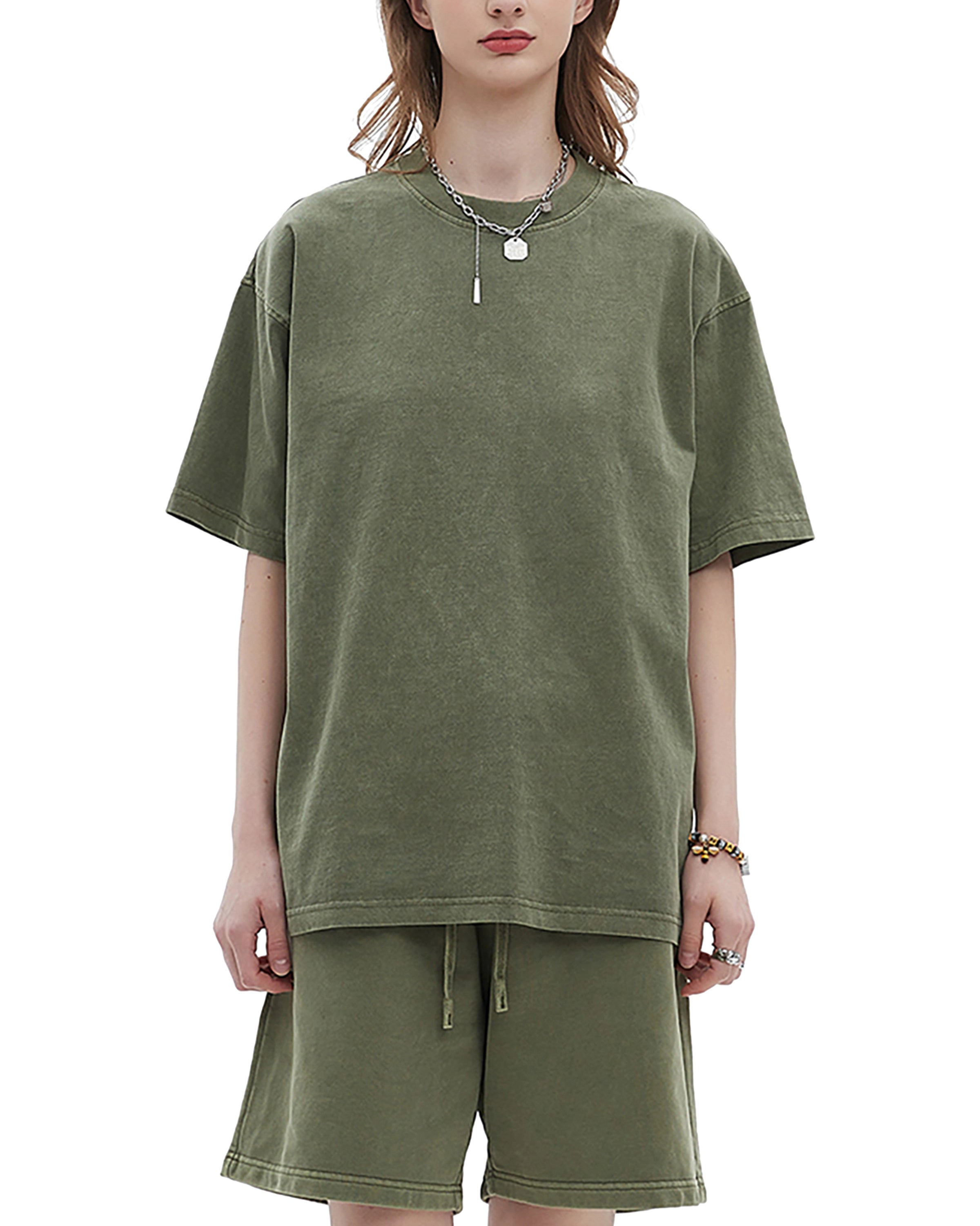 Green Streetwear Enzyme Washed Drop Shoulder T-Shirt Front - Hanggerrz