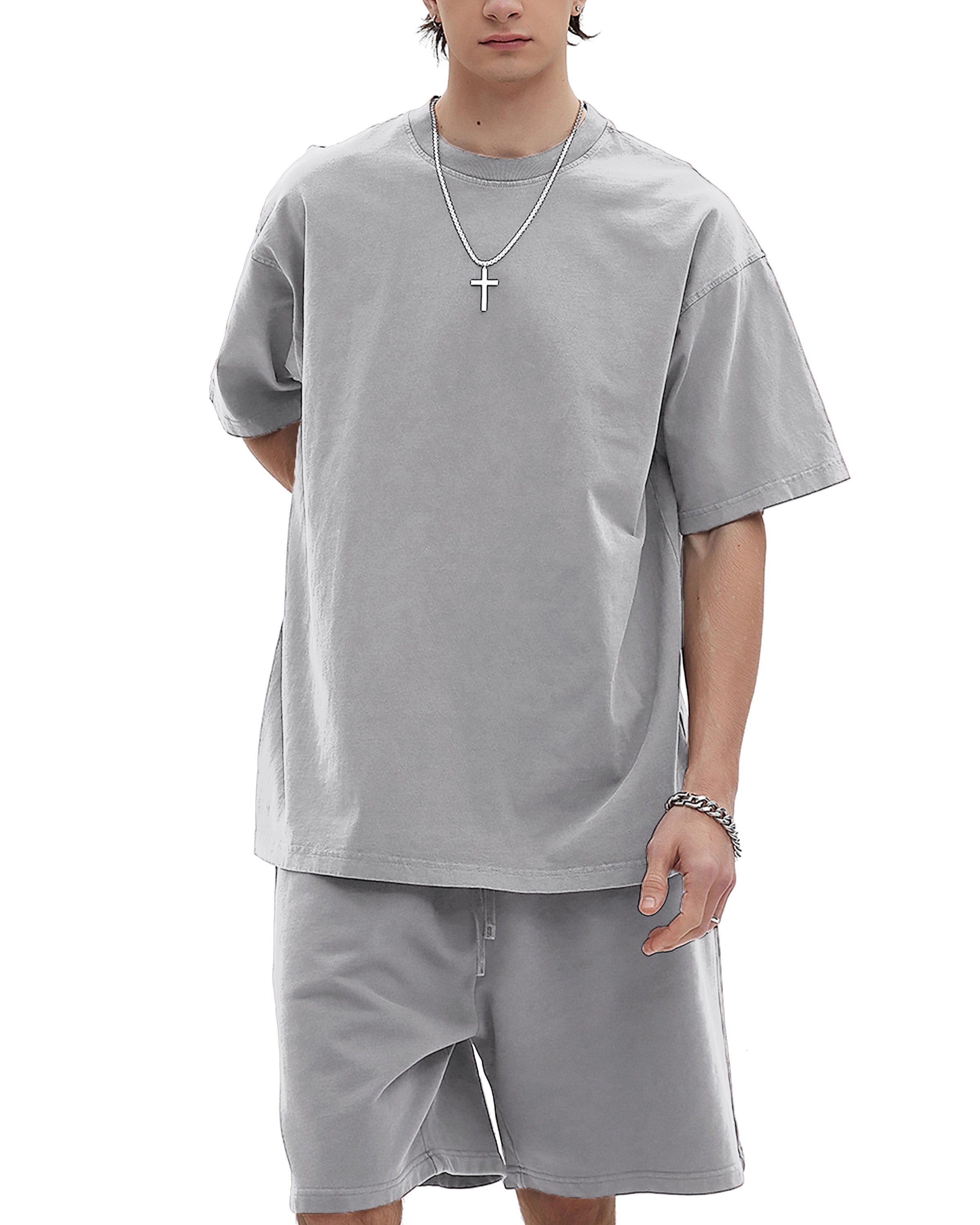 Light Gray Streetwear Enzyme Washed Drop Shoulder T-Shirt Front - Hanggerrz