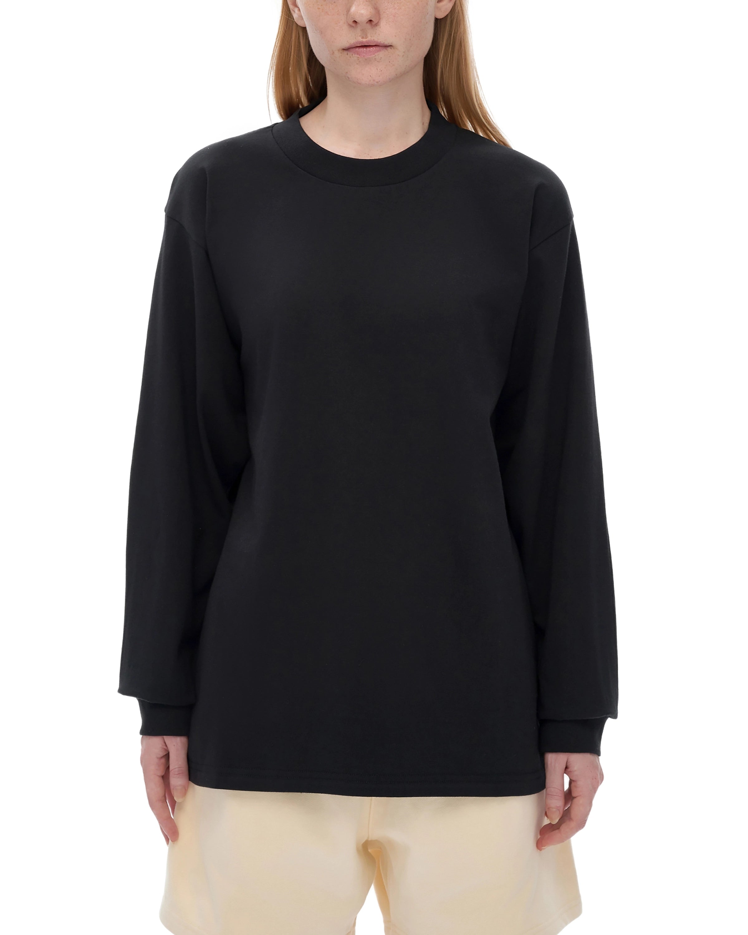 Black Crew Neck Cotton Long Sleeve T-shirt Front Look - Hanggerrz