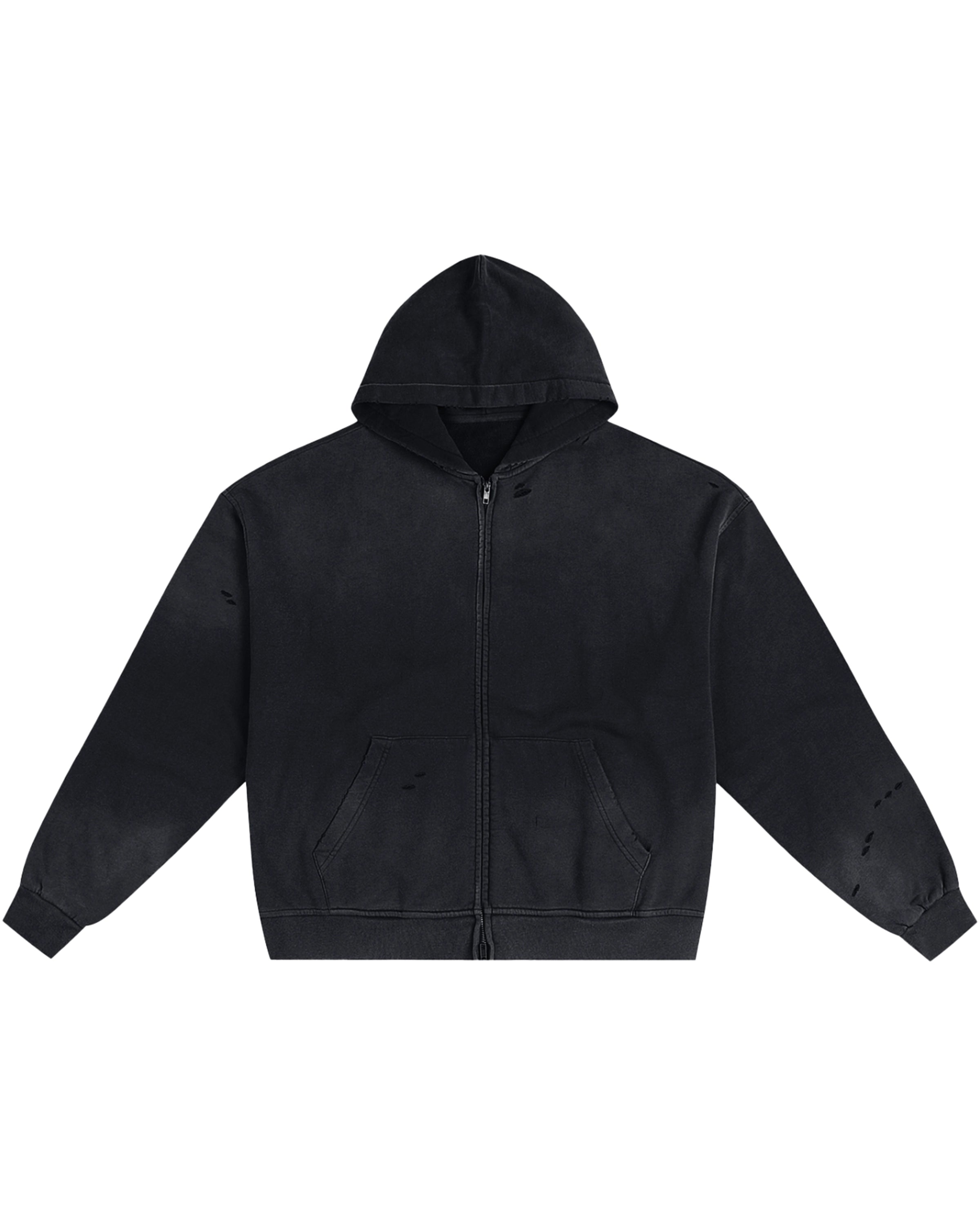Black Hand-Frayed Sunfade Zip Hoodie Front Mockup - Hanggerrz
