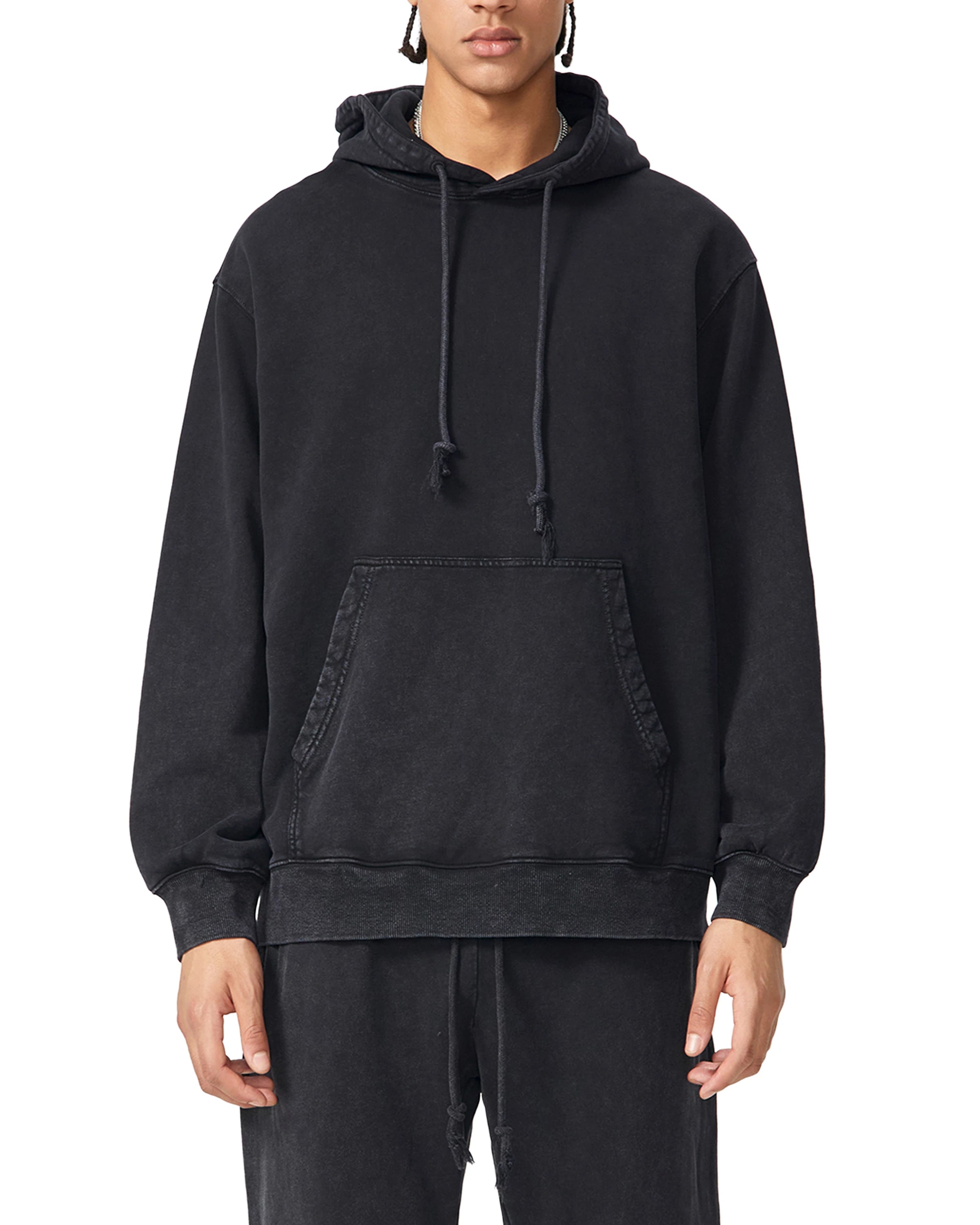 Black Heavyweight Pure Cotton Classic Snow Washed Hoodie Front Look - Hanggerrz