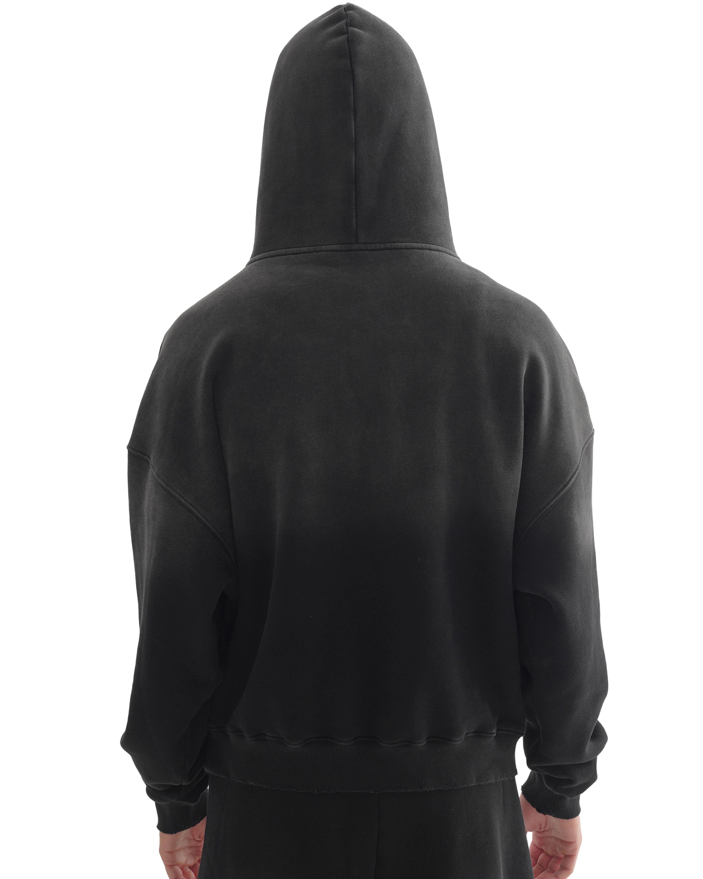 Black Streetwear Frayed Sunfade Boxy Hoodie Back - Hanggerrz