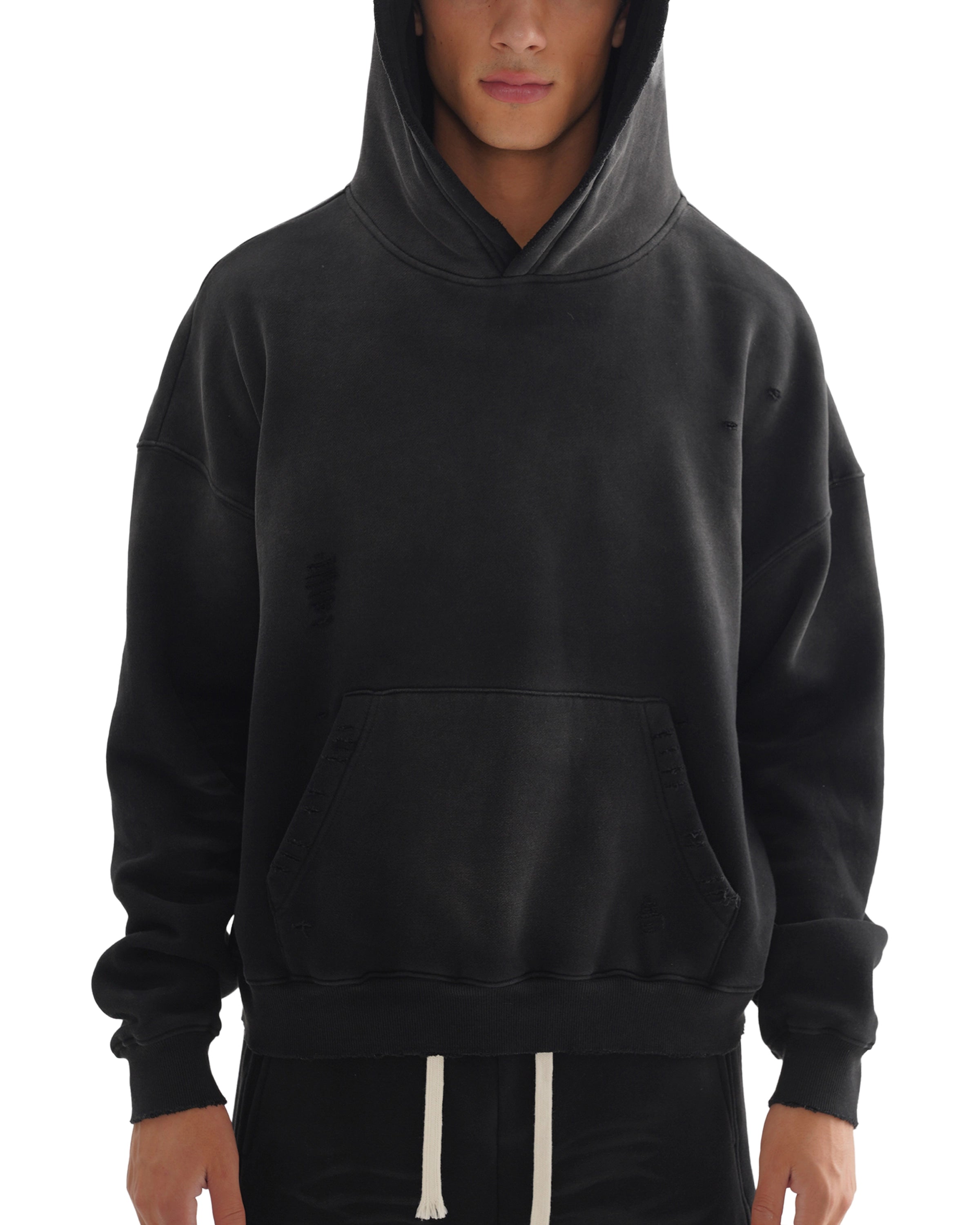 Black Streetwear Frayed Sunfade Boxy Hoodie Front - Hanggerrz