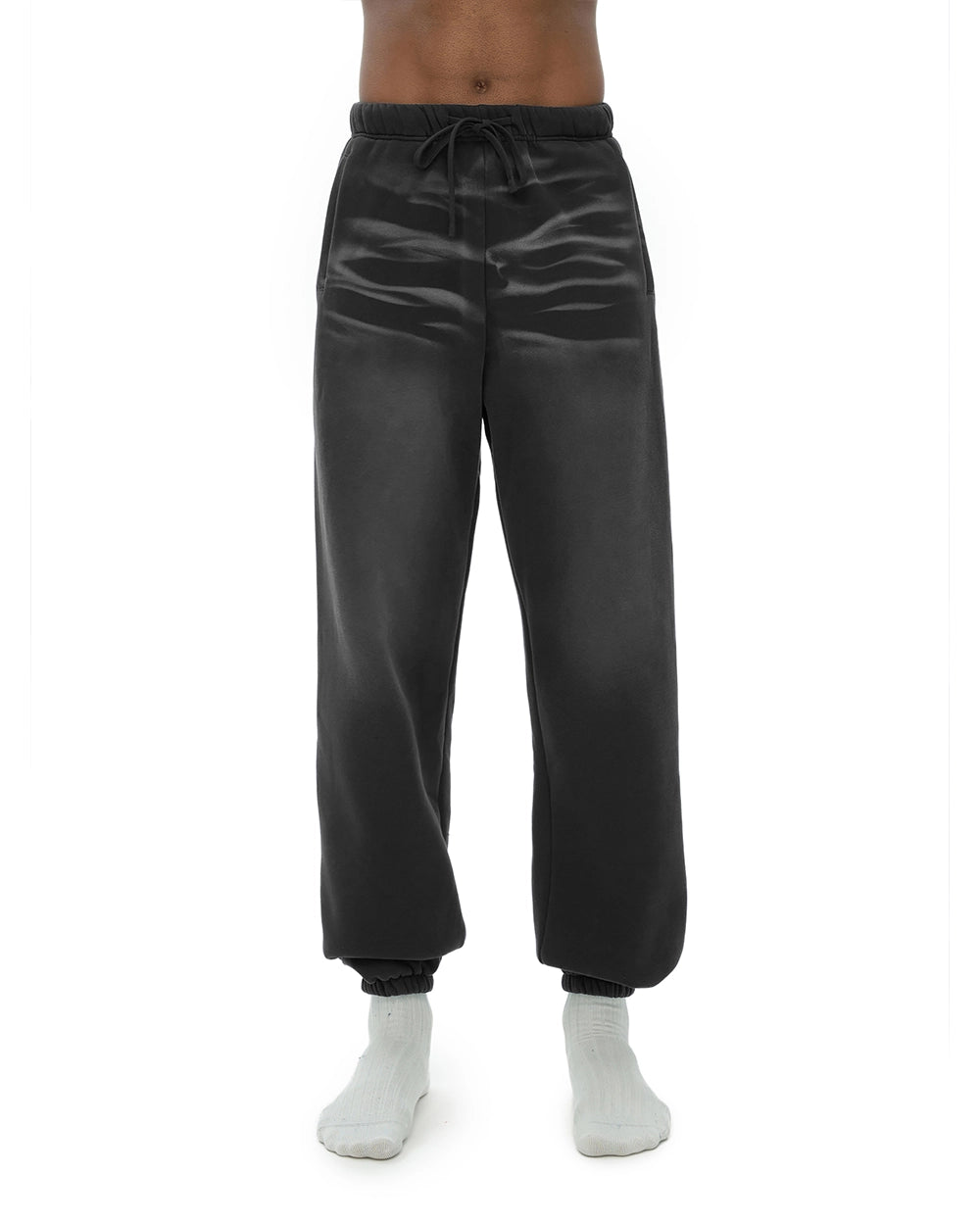 Black Streetwear Sunfade Fleeced Jogger Front View - Hanggerrz