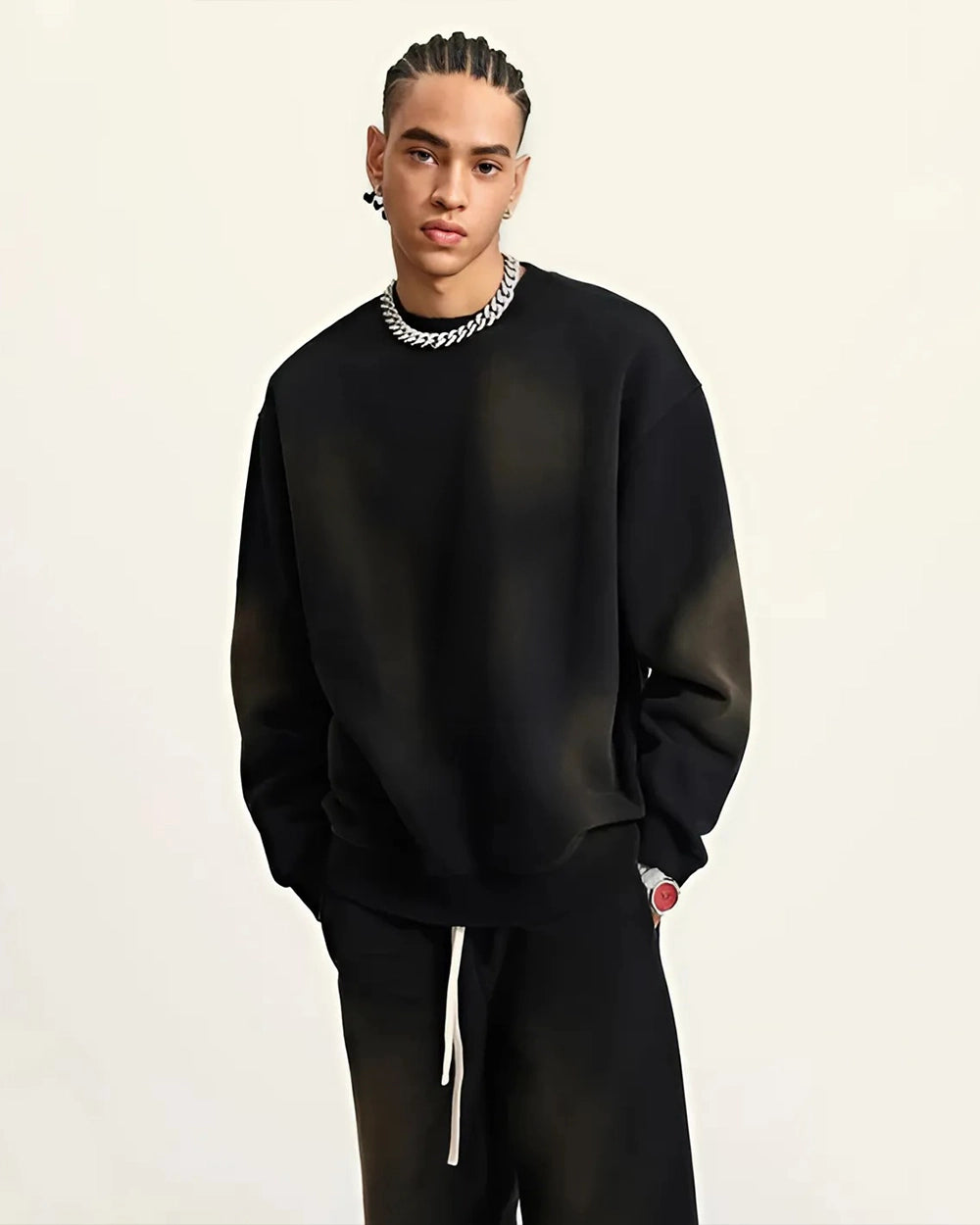 Black Streetwear Sunfade Fleeced Sweatshirt - Hanggerrz