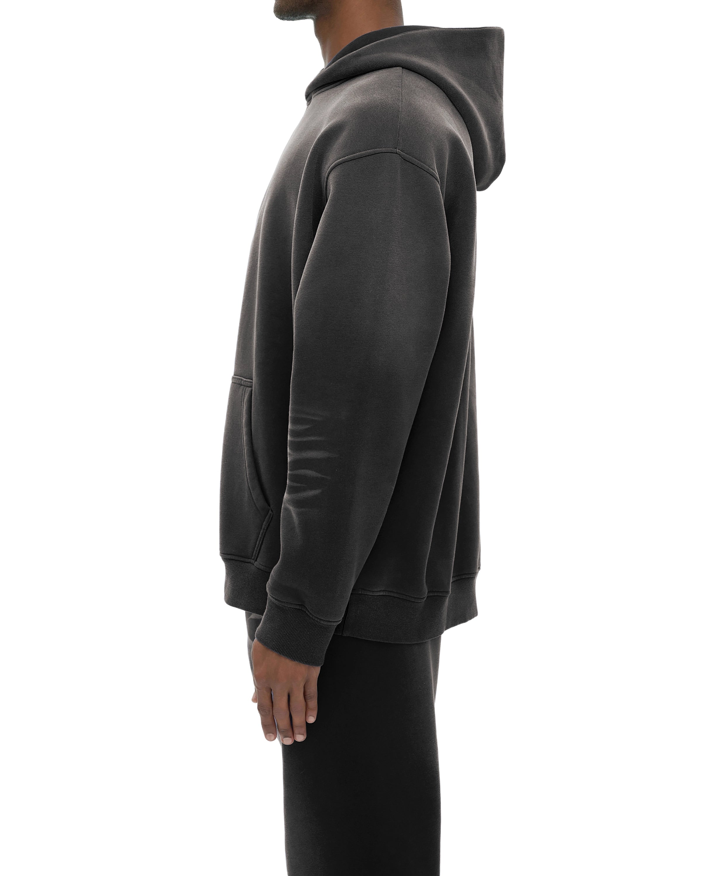 Black streetwear sunfade fleeced hoodie side look - Hanggerrz