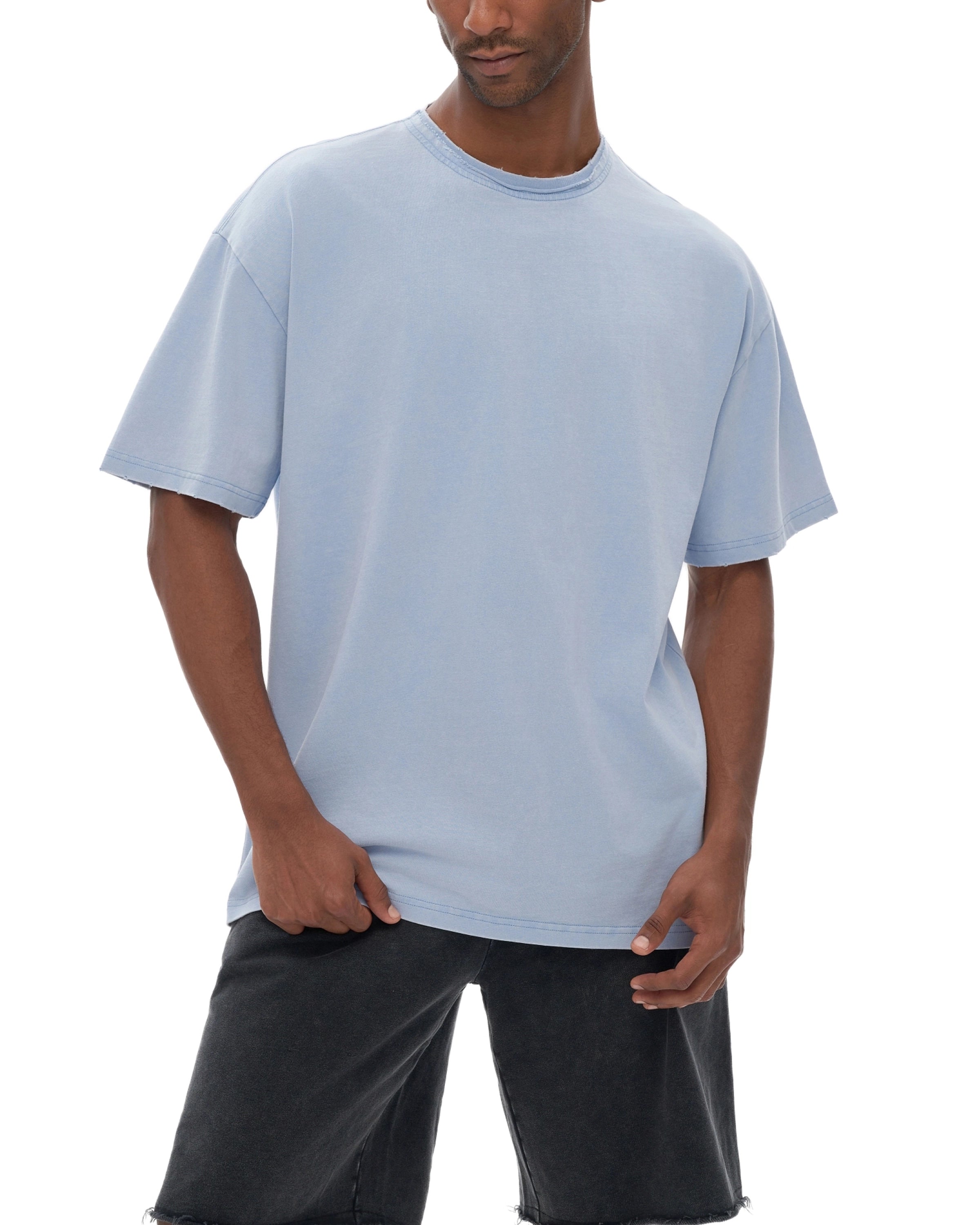Double Neckline Scattered Edge Frayed Vintage Washed T-Shirt - Hanggerrz