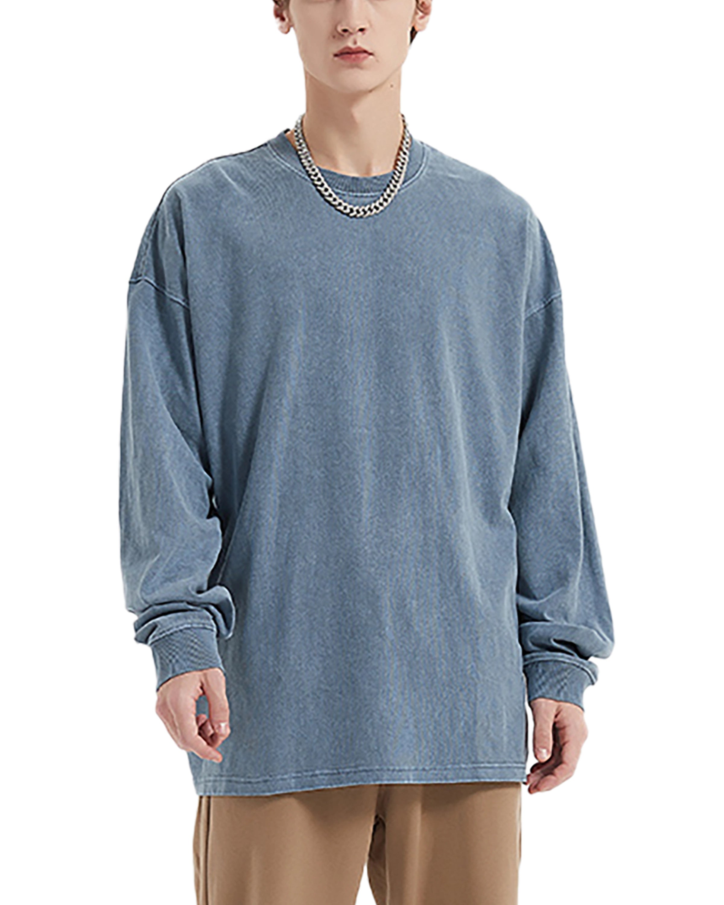 Blue Enzyme Washed Long Sleeve T-shirt Front Look - Hanggerrz