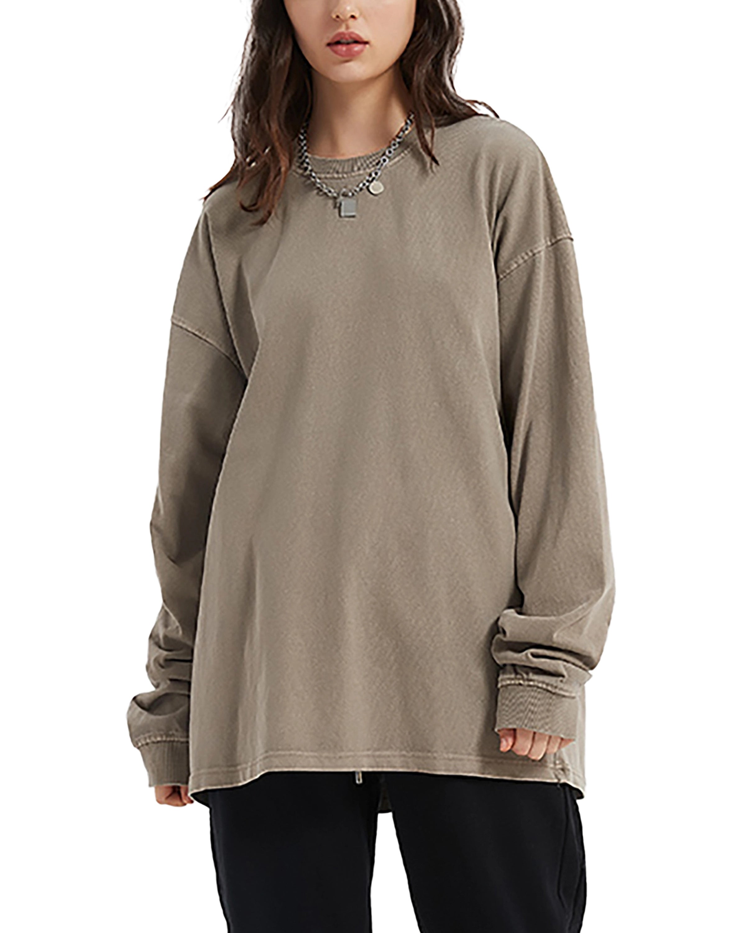 Brown Enzyme Washed Long Sleeve T-shirt Front Look - Hanggerrz