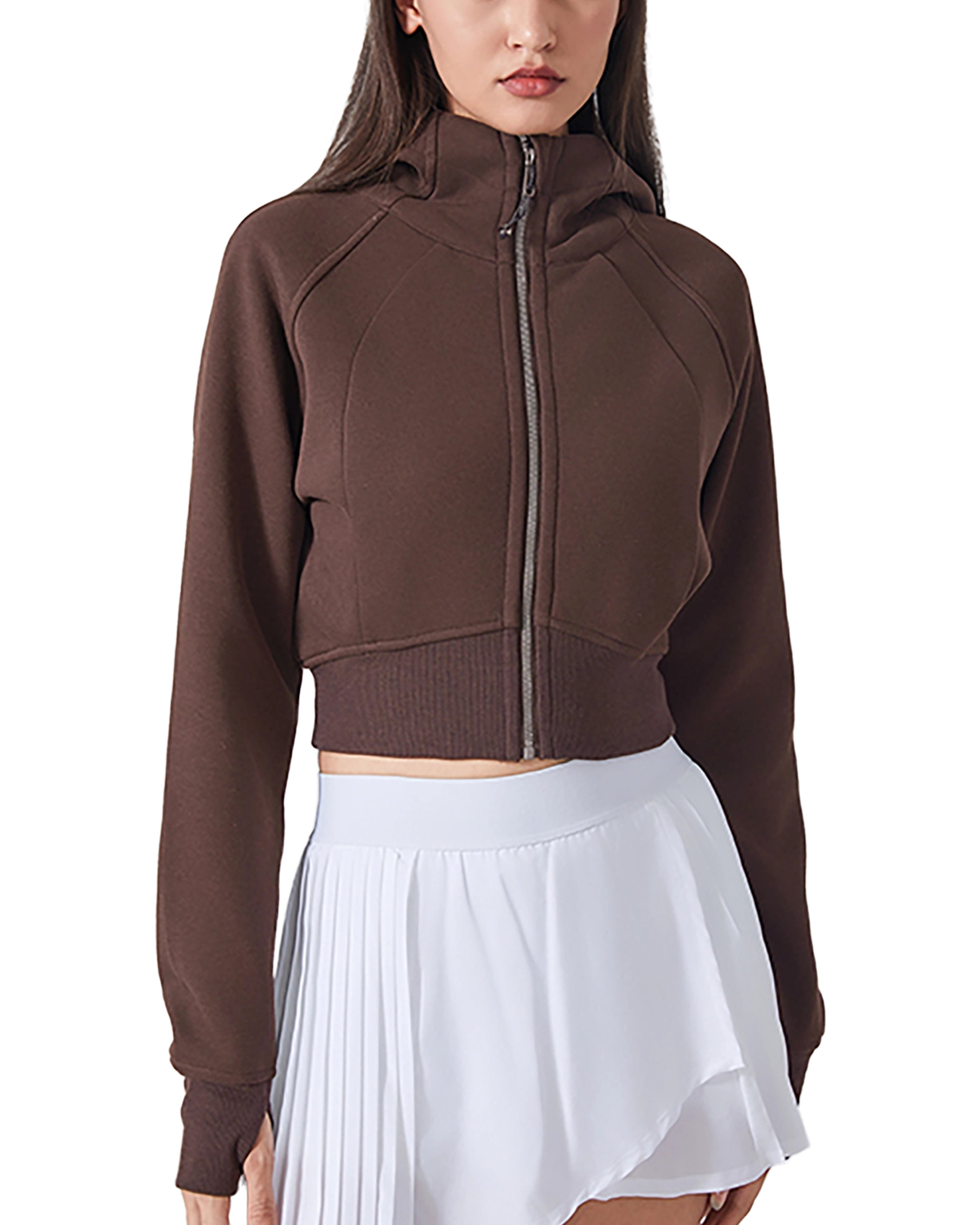 Coffee Cropped Zip-Through Hoodie For Women Front Look - Hanggerrz