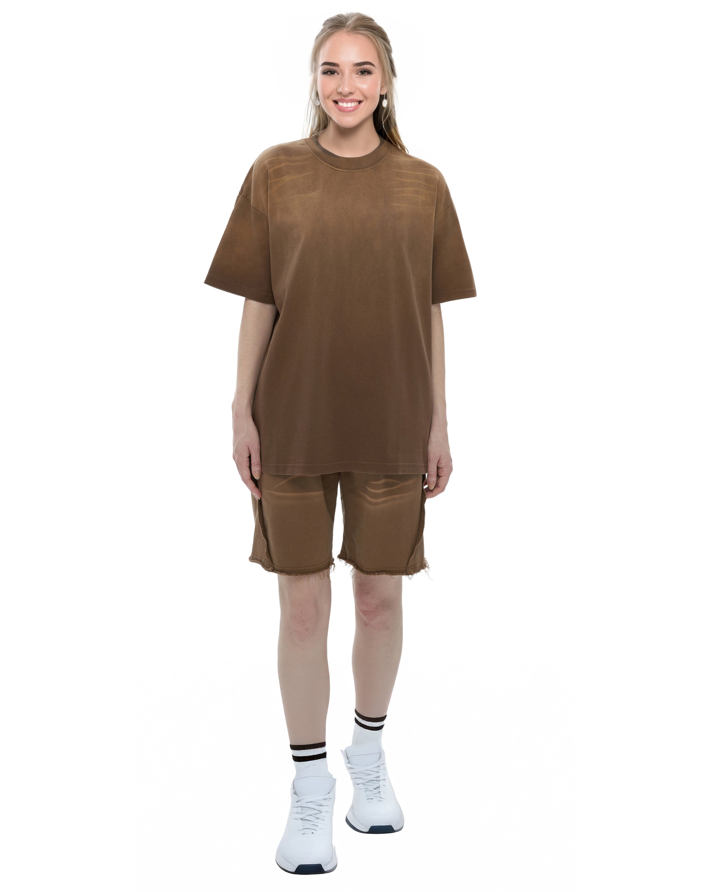 Coffee Vintage Washed Tiger Stripes Dyed Gradient T-Shirt Front Look - Hanggerrz