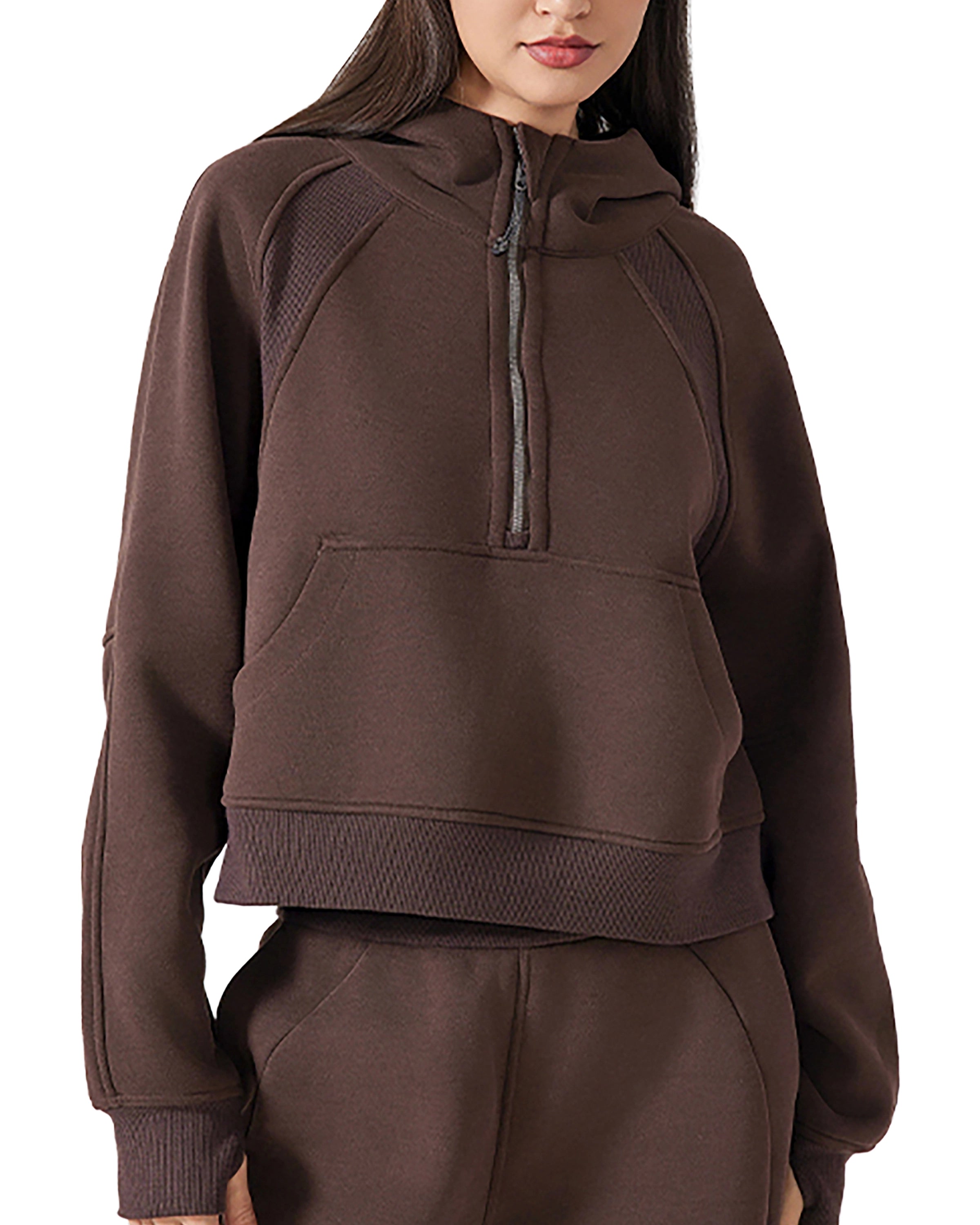 Coffee Women's Half-Zip Cropped Hoodie CLose Front Look - Hanggerrz