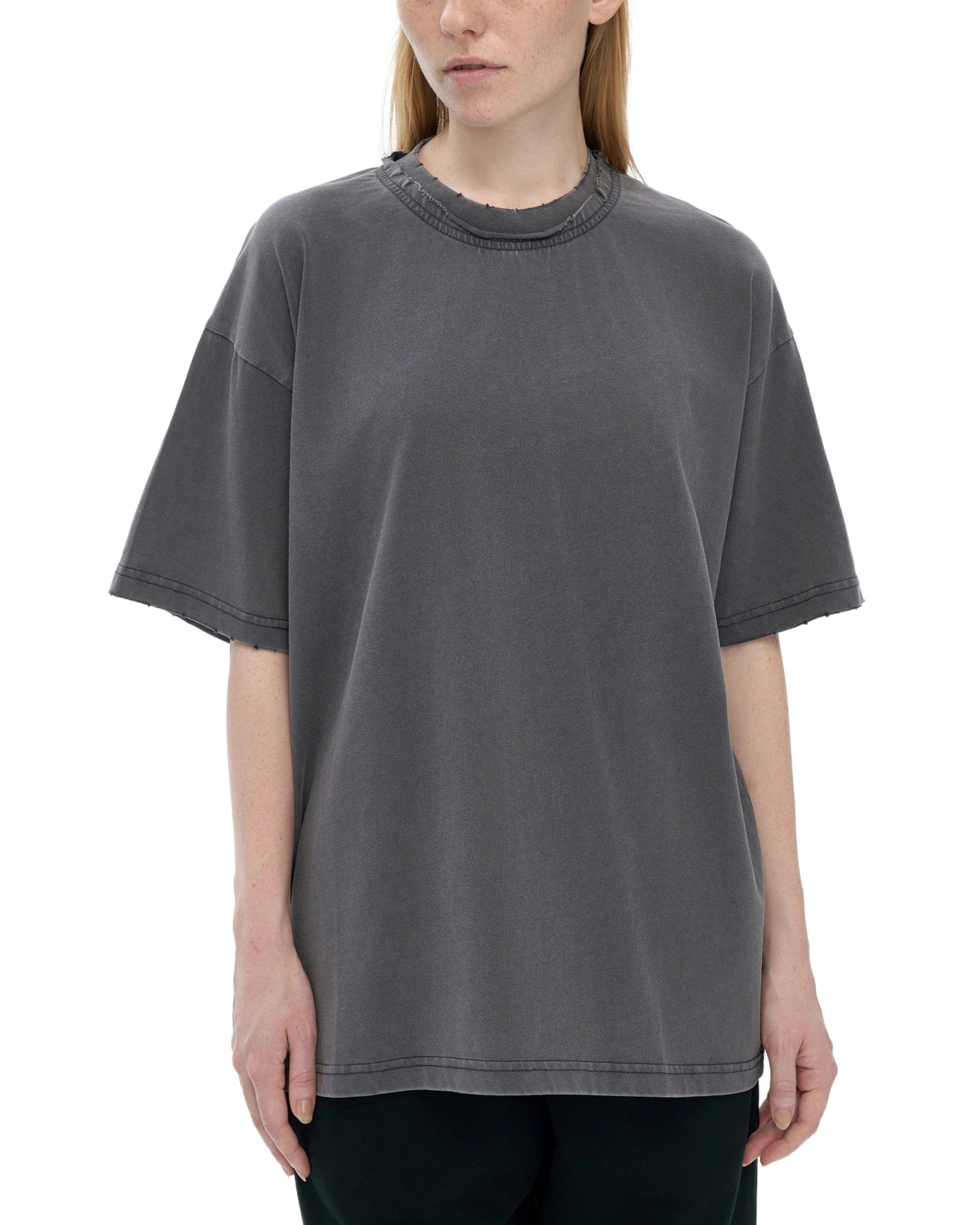 Double Neckline Scattered Edge Frayed Vintage Washed T-Shirt - Hanggerrz