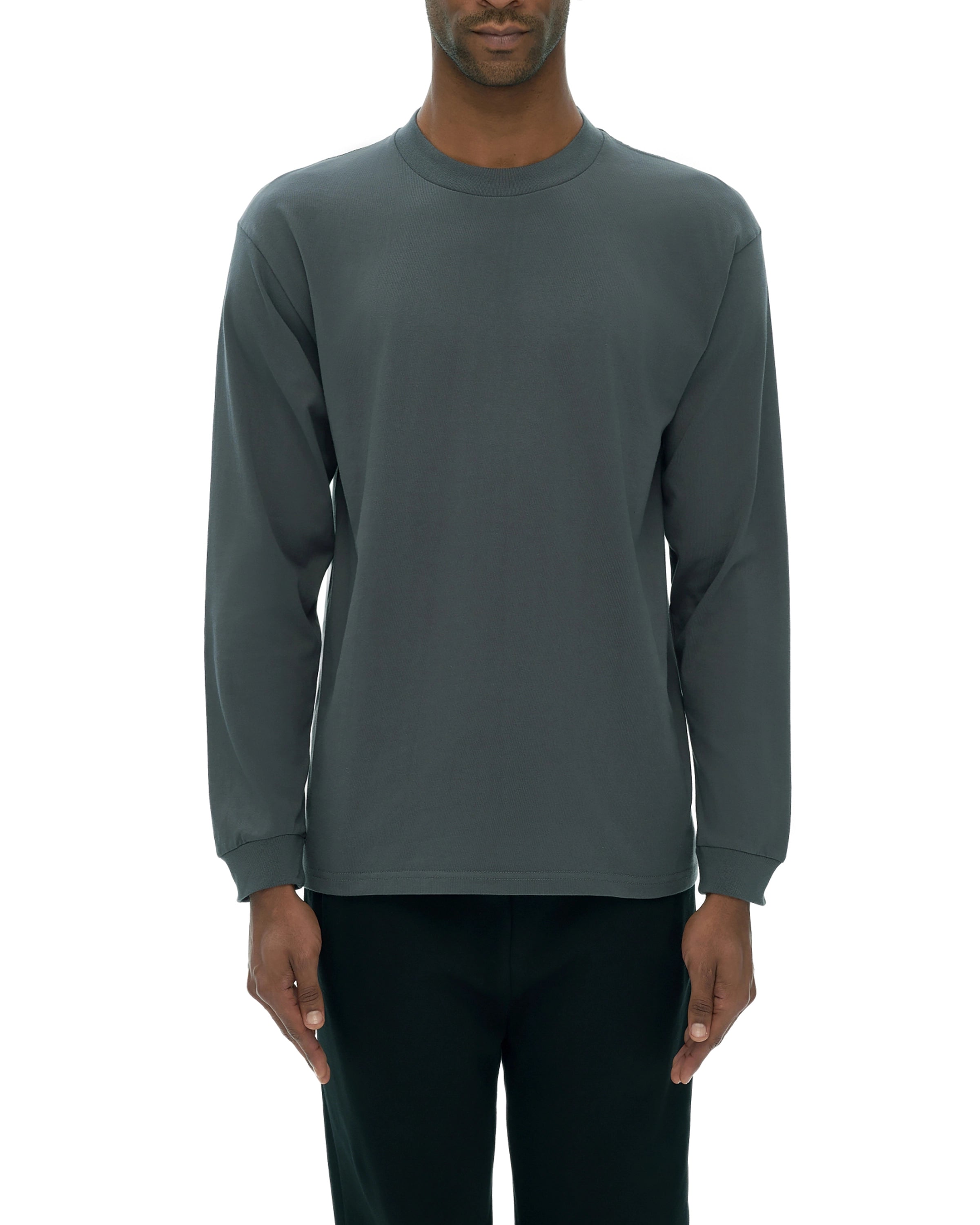 Dark Gray Crew Neck Cotton Long Sleeve T-shirt Front Look - Hanggerrz