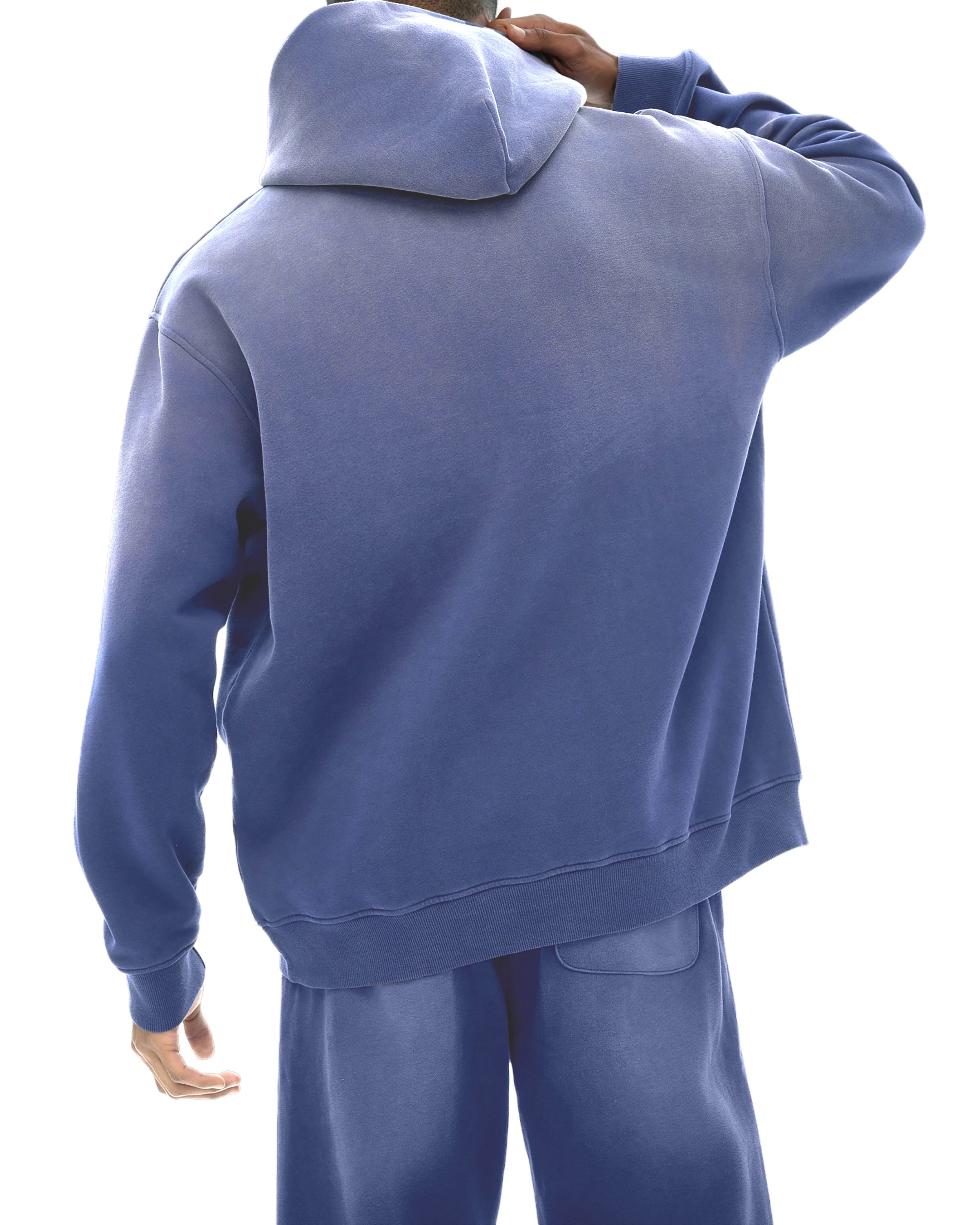 Denim Blue Streetwear Sunfade Fleeced Hoodie Back View - Hanggerrz