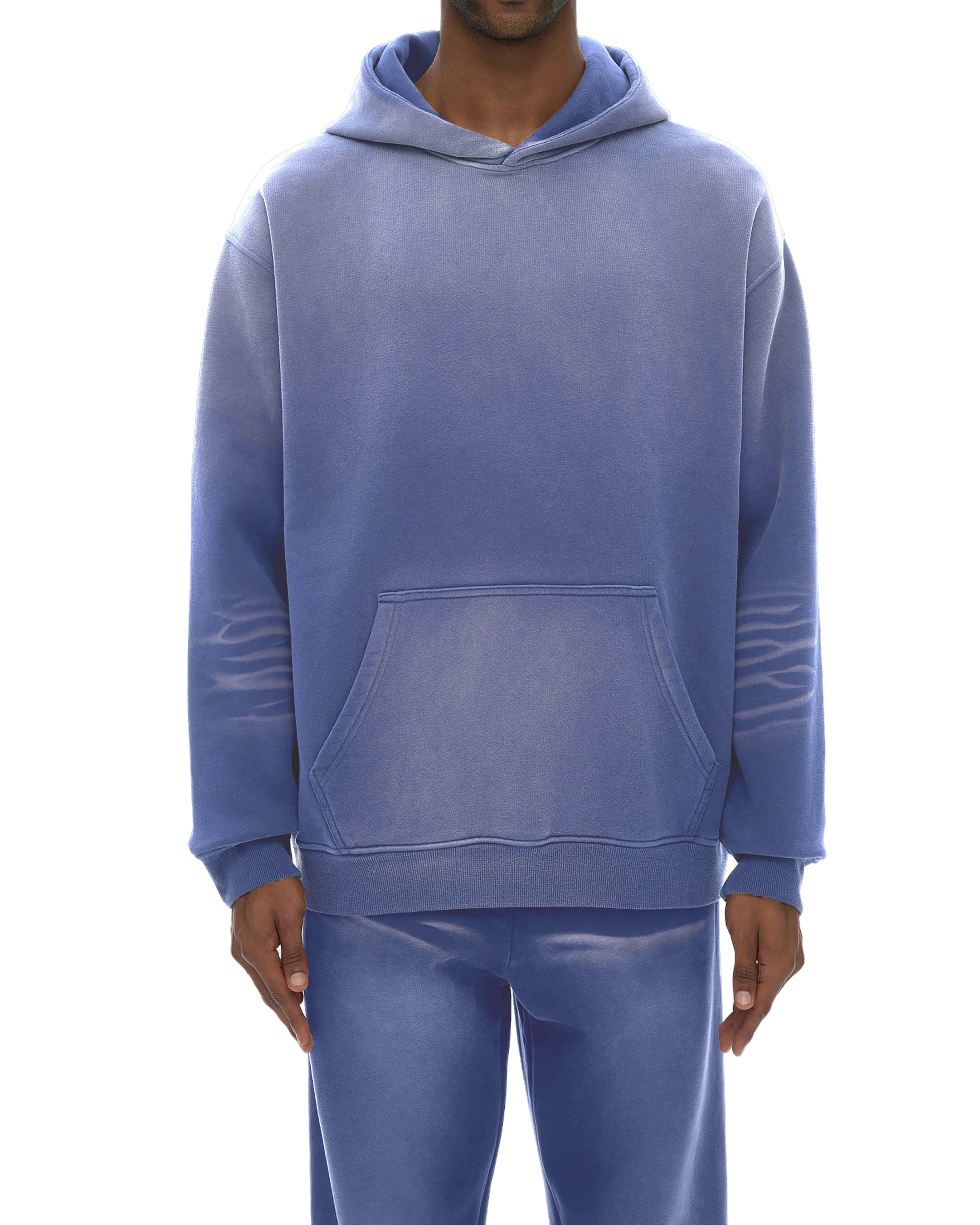 Denim Blue Streetwear Sunfade Fleeced Hoodie Front View - Hanggerrz