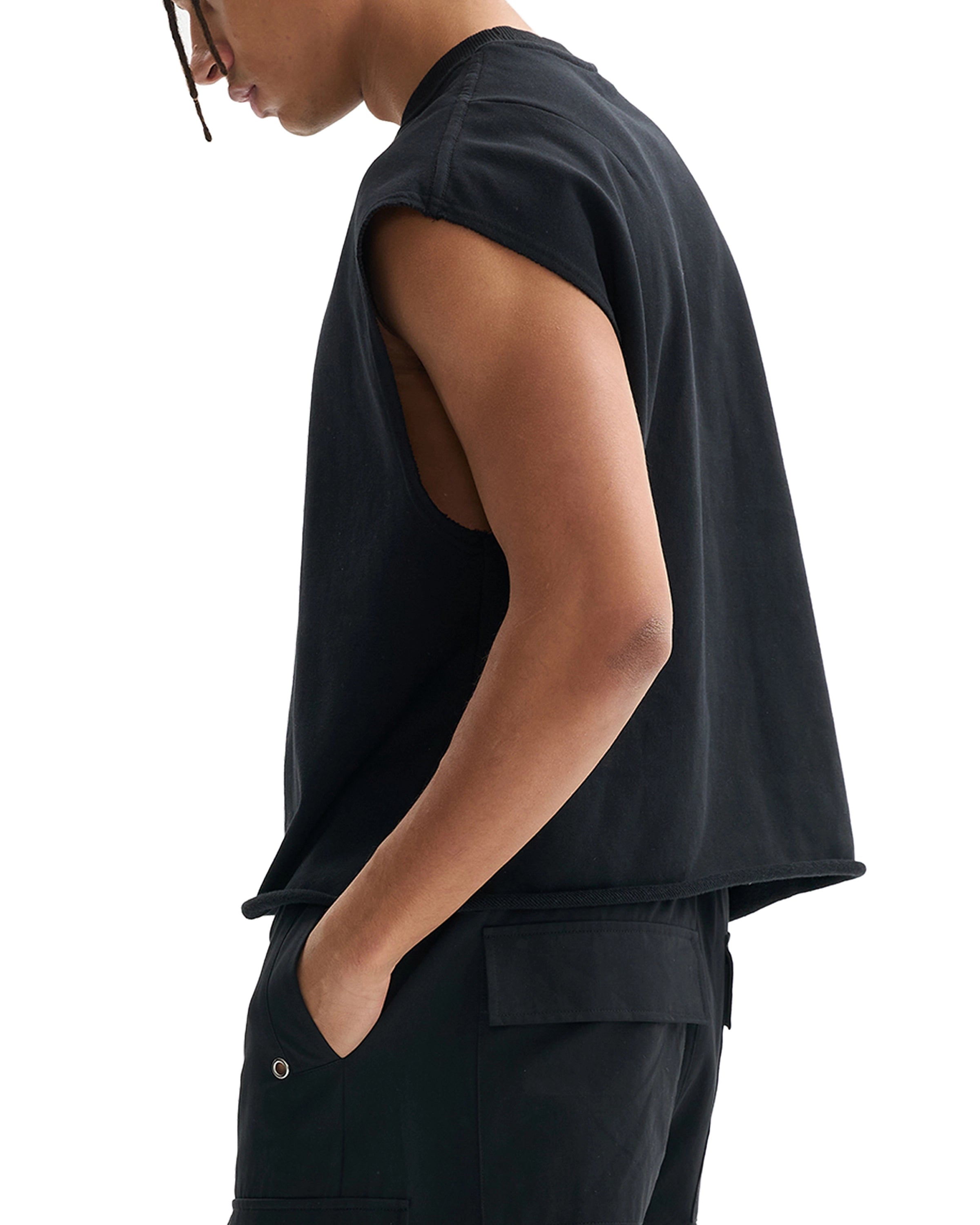 French Terry Streetwear Boxy Tank Top Left Back Look - Hanggerrz