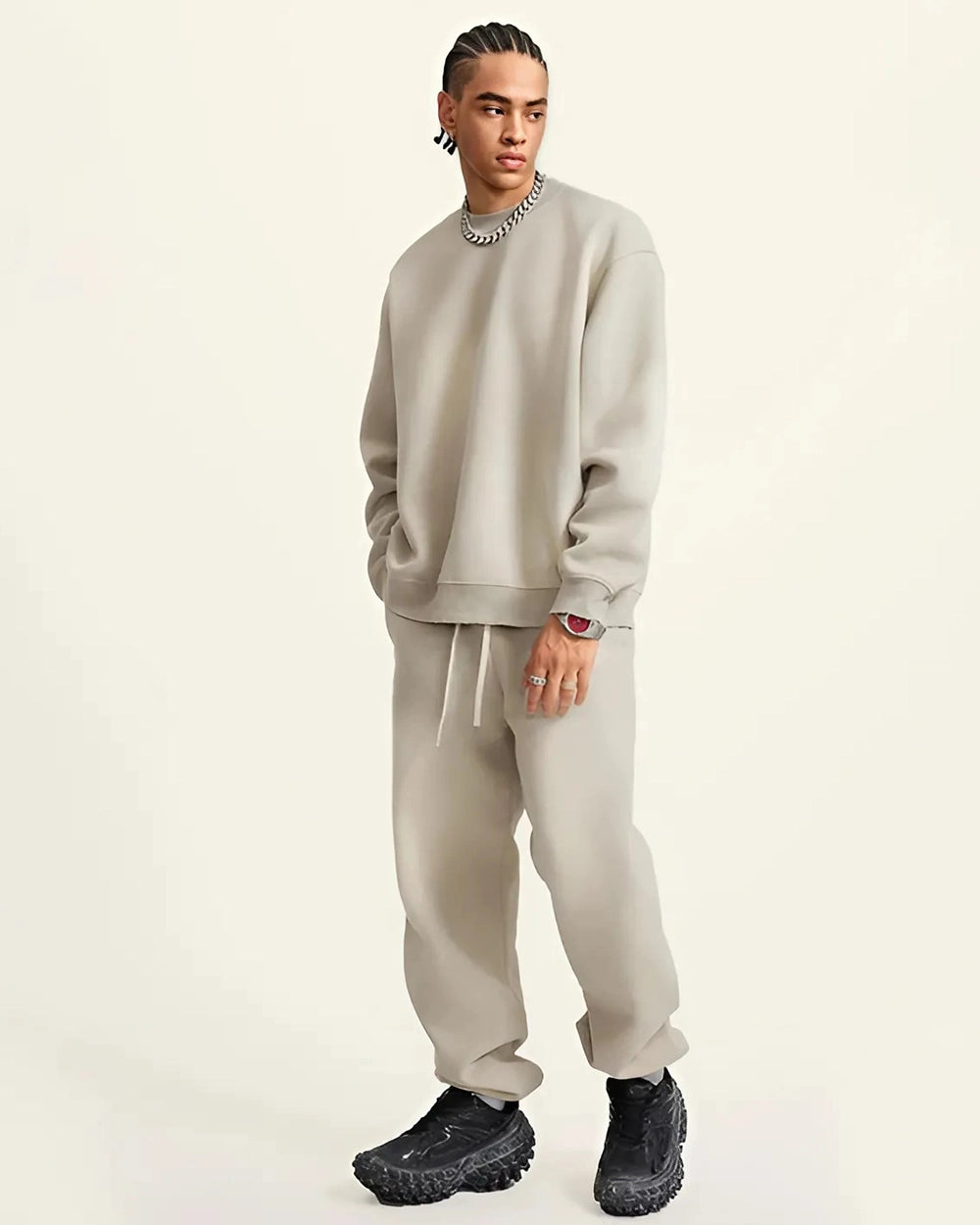 Gray Camel Streetwear Sunfade Fleeced Jogger Full Look - Hanggerrz