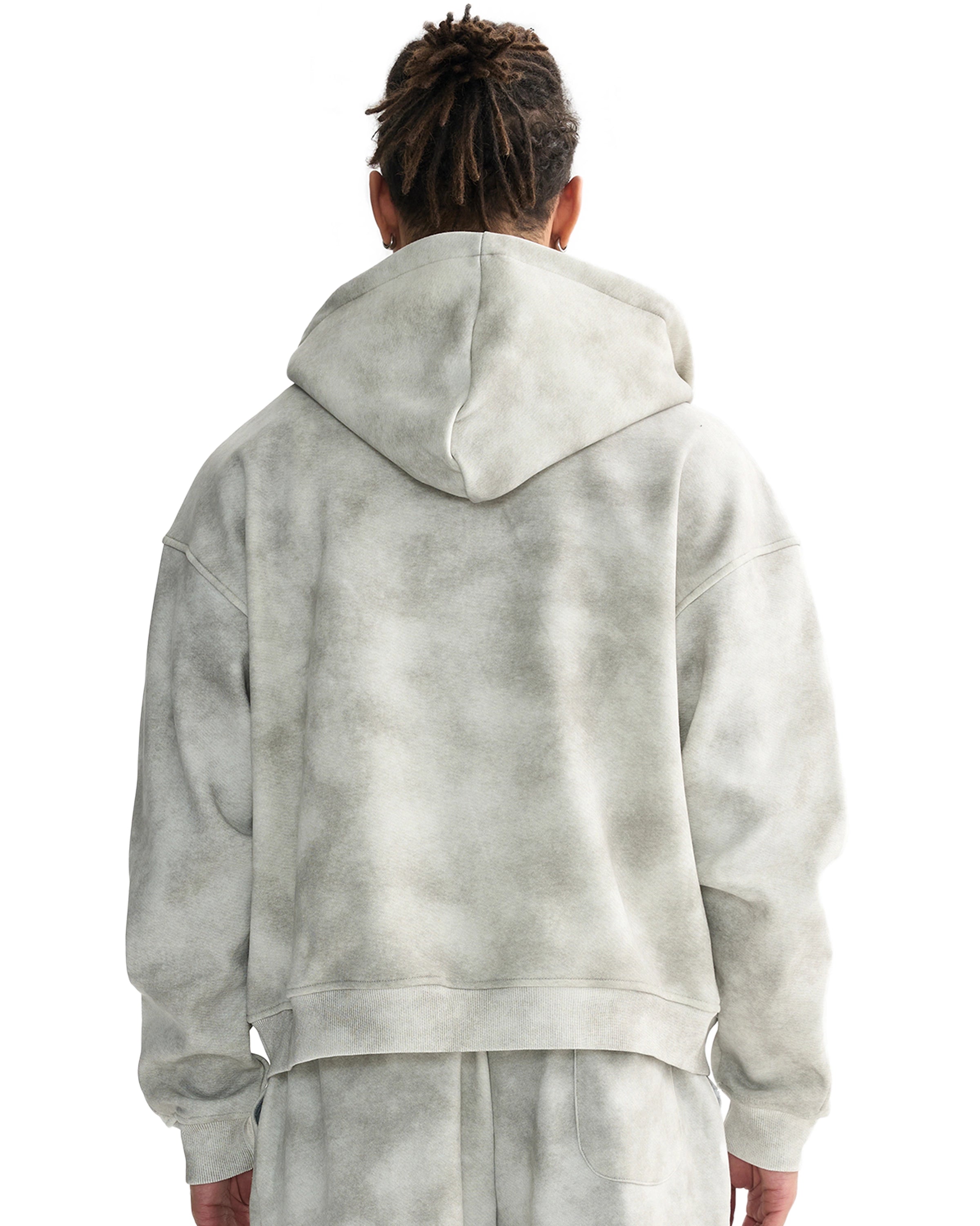 Gray Dirty Washed Boxy Zip-up Fleece Hoodie Back - Hanggerrz