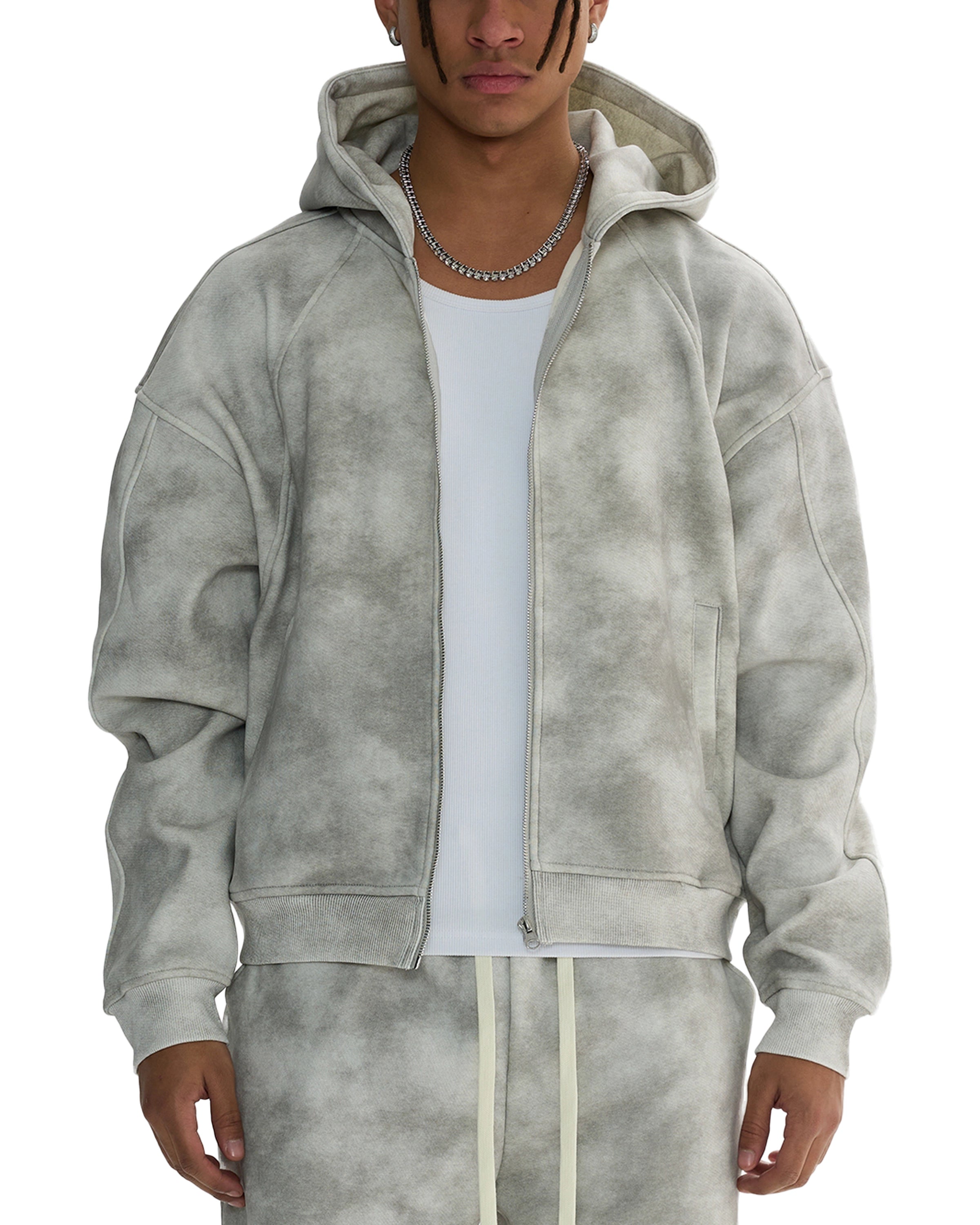 Gray Dirty Washed Boxy Zip-up Fleece Hoodie Front - Hanggerrz