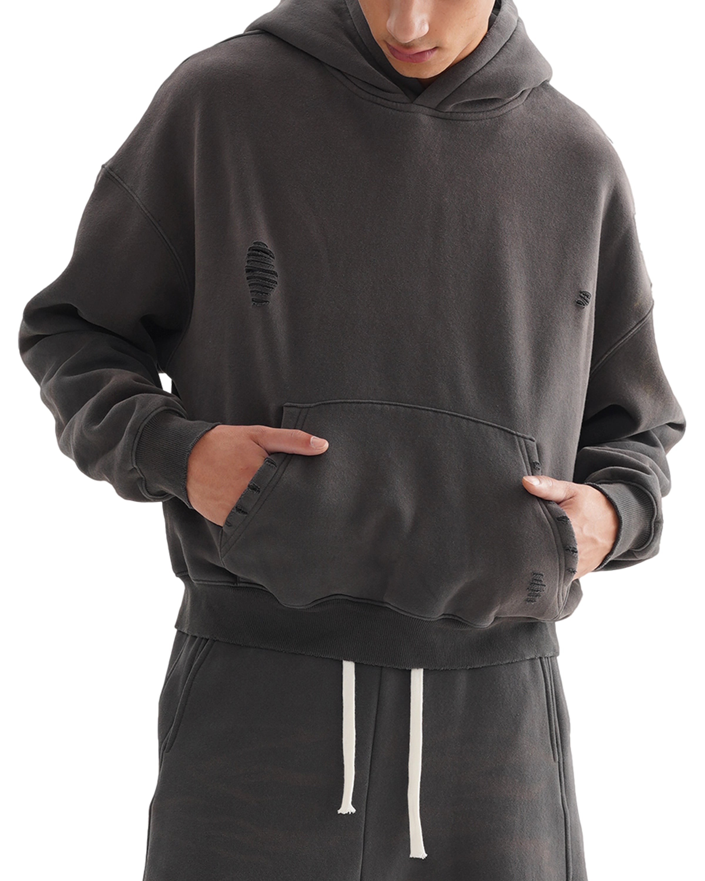 Gray Streetwear Frayed Sunfade Boxy Hoodie Front Close Look - Hanggerrz