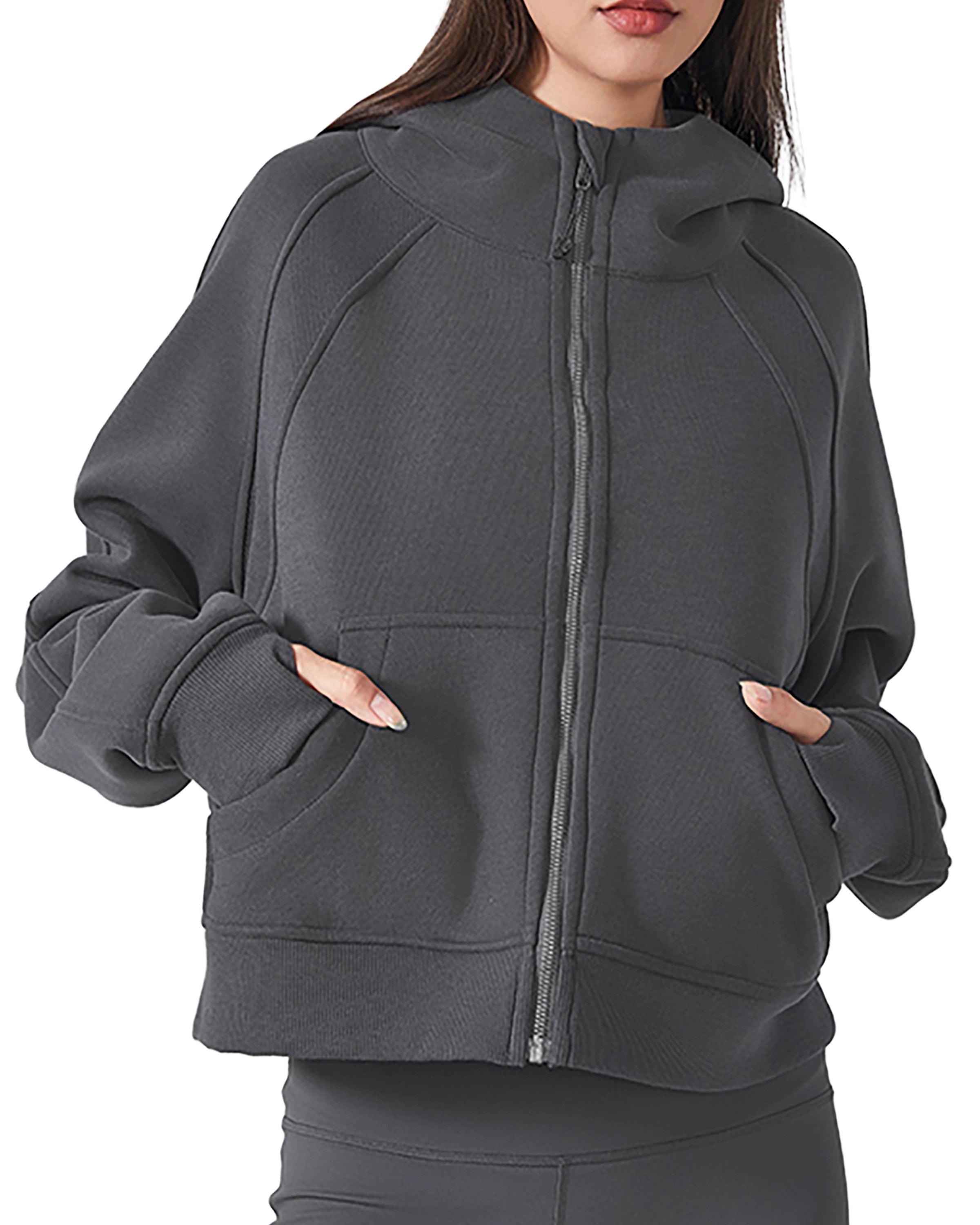 Gray Women's Zip-Through Cropped Hoodie Front Look - Hanggerrz