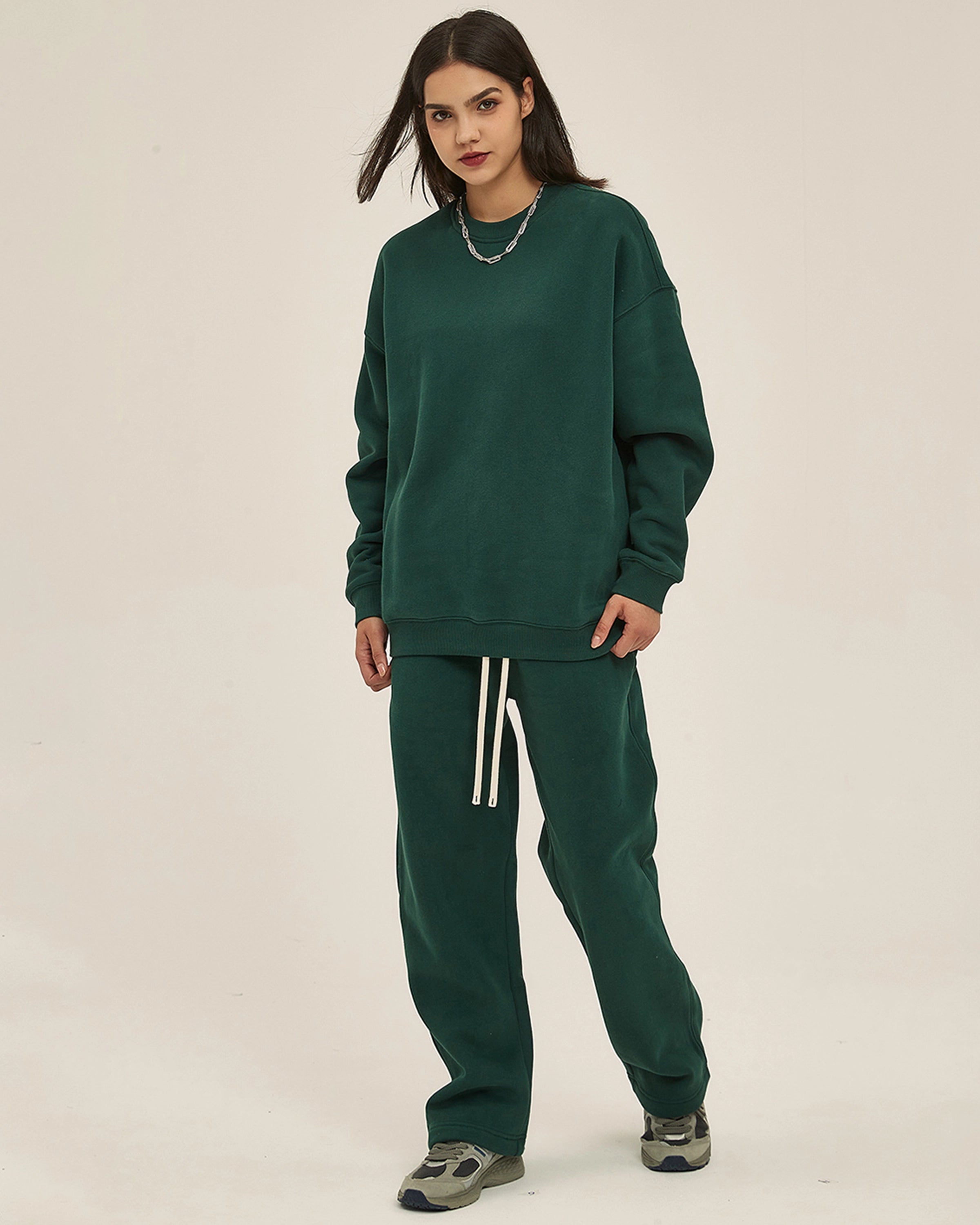 Green Streetwear Unisex Fleeced Sweatshirt Full Look - Hanggerrz