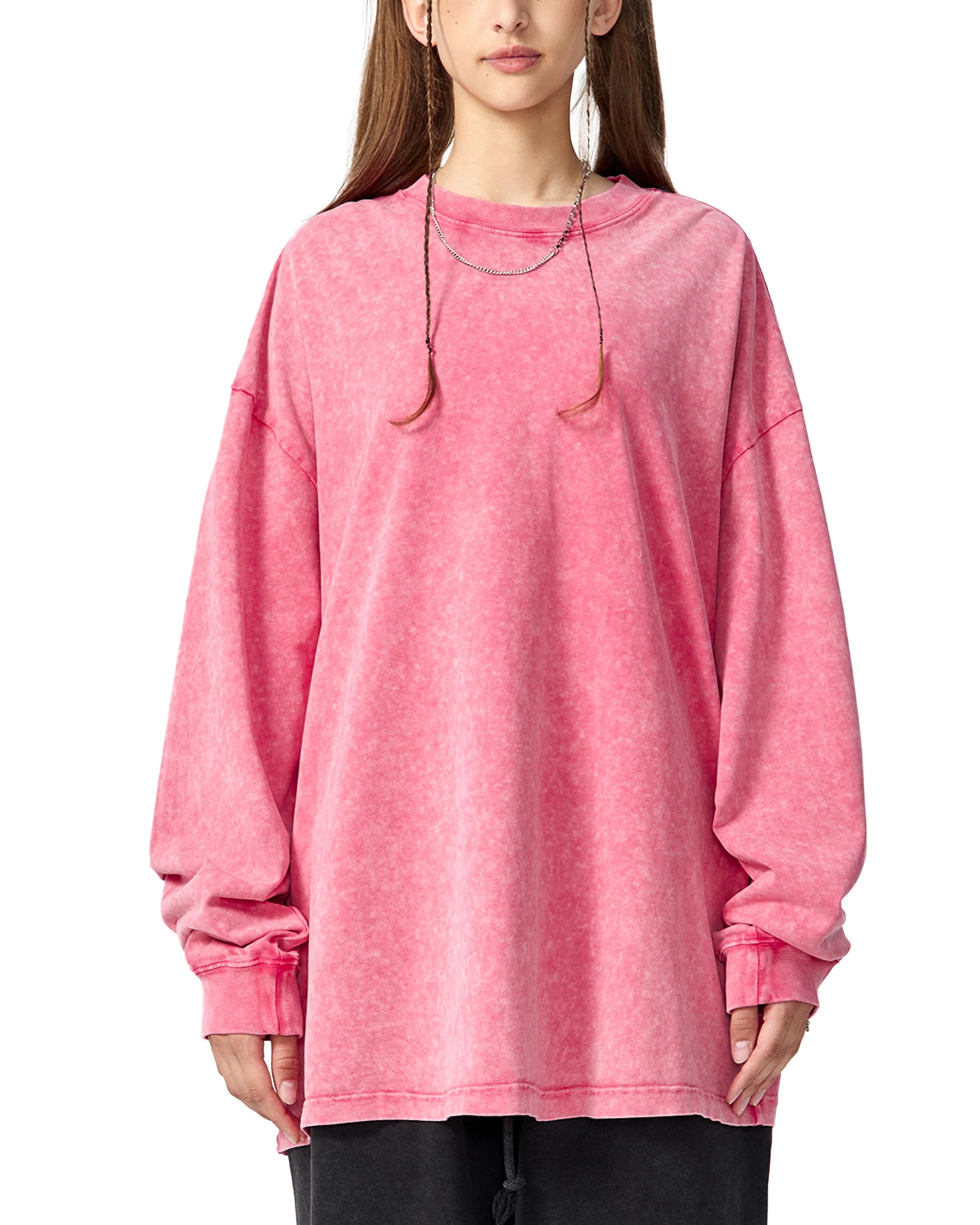 Pink Snow Washed Oversize Long Sleeve T-shirt Front Look - Hanggerrz