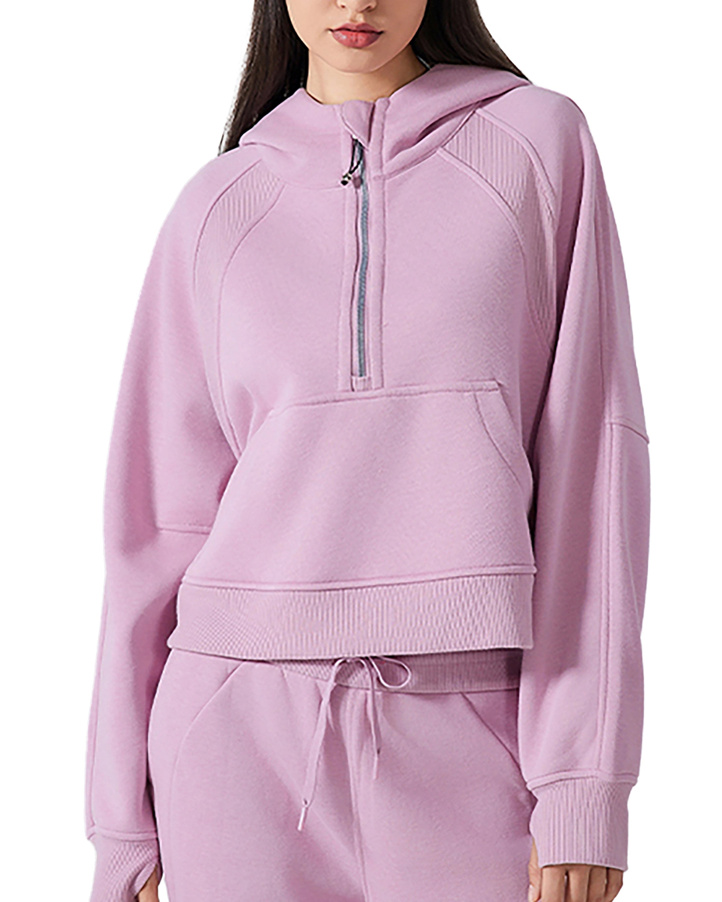 Pink Women's Half-Zip Cropped Hoodie Front Look - Hanggerrz