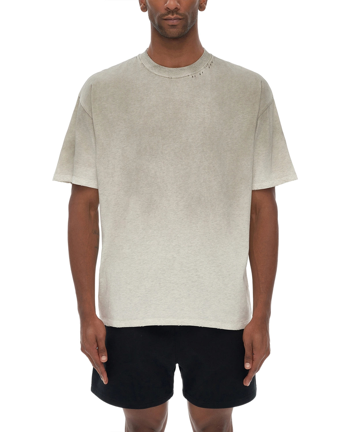 Vintage Washed Upper Body Grey Gradient on Aged Frayed T-Shirt - Hanggerrz