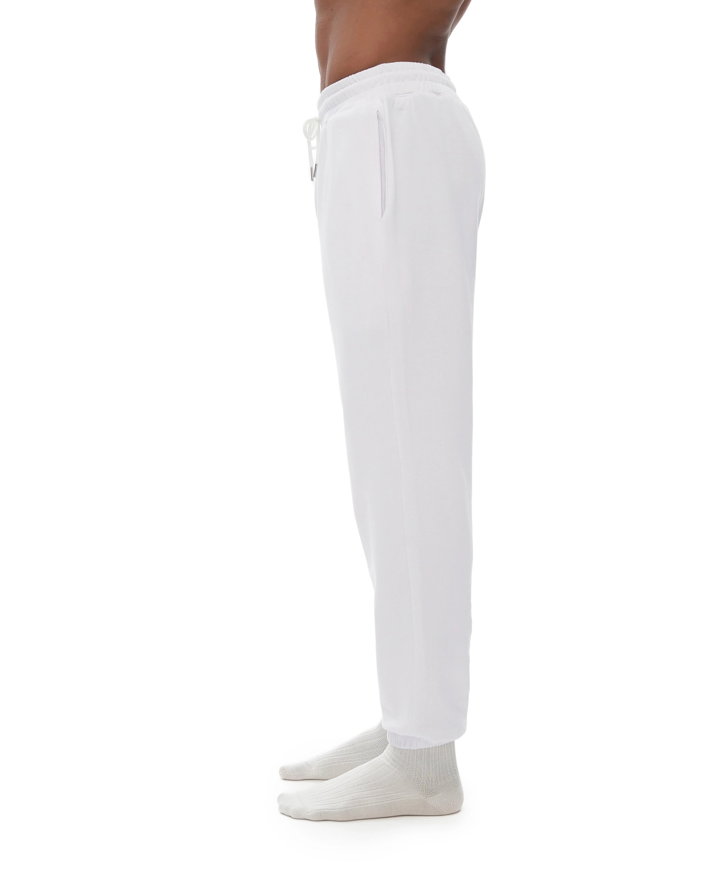 White Elastic Waist Cotton Joggers Side Look - Hanggerrz