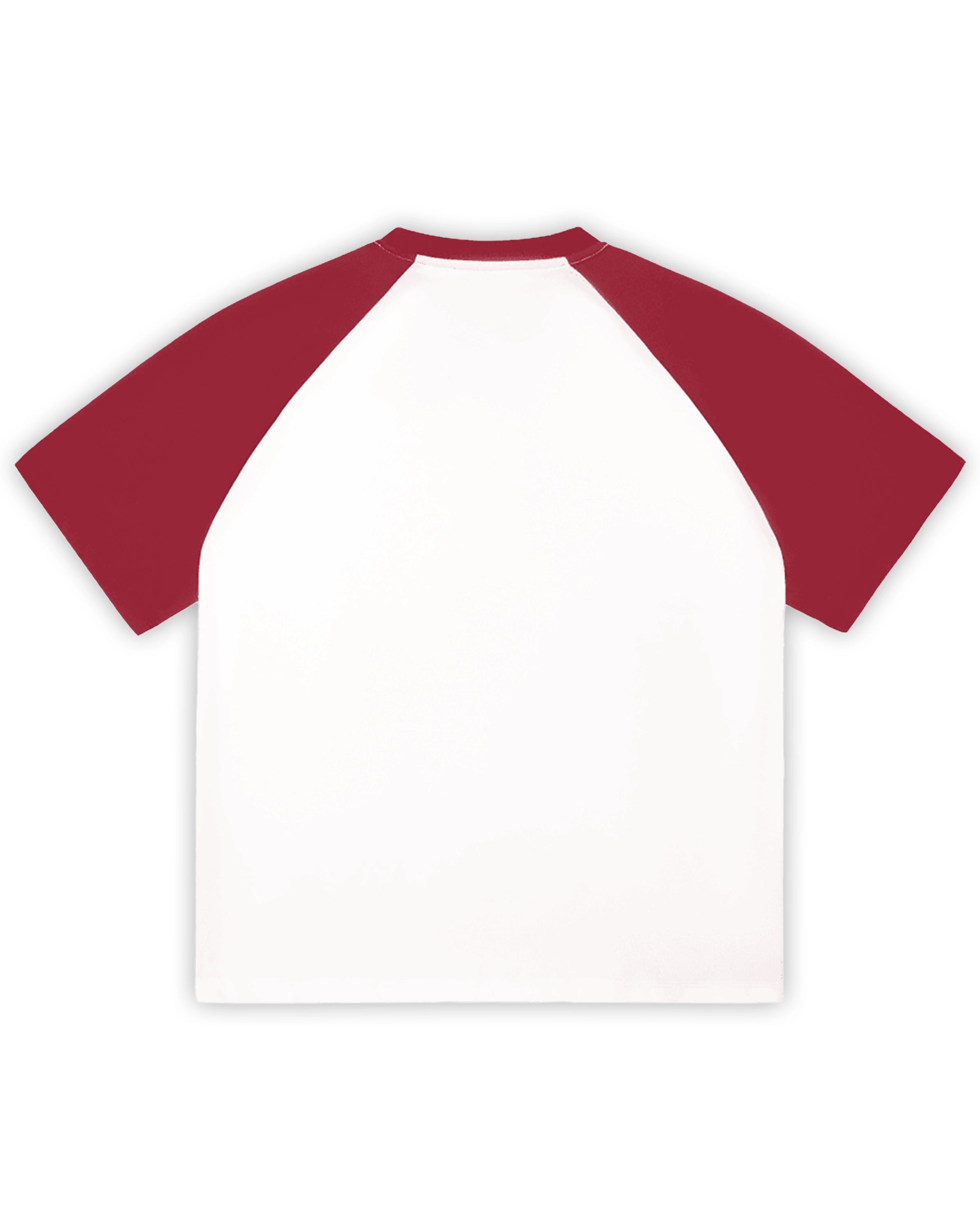 White with Burgundy Color-Blocked Raglan Sleeve T-shirt Back Mockup - Hanggerrz