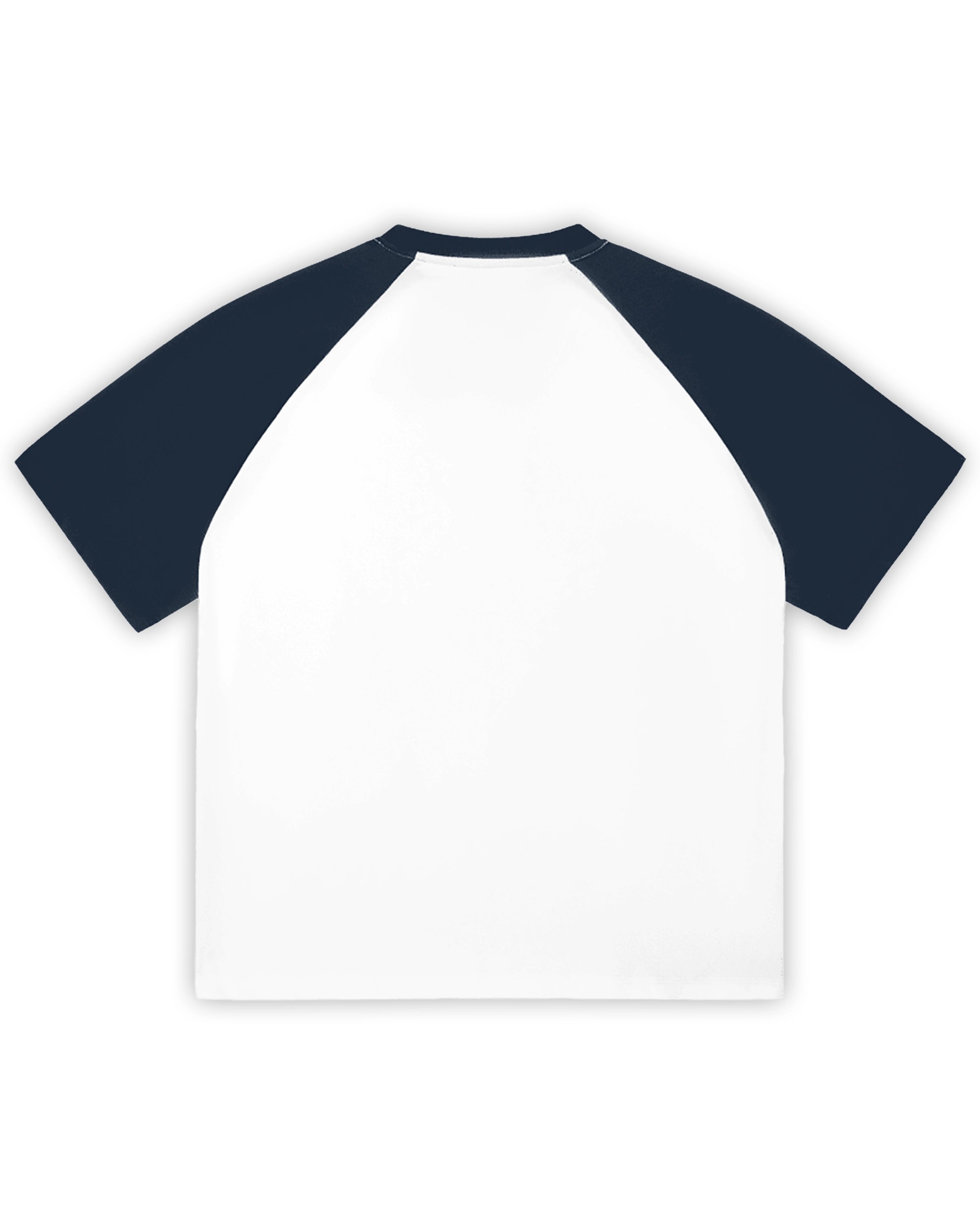 White with Navy Blue Color-Blocked Raglan Sleeve T-shirt Back Mockup - Hanggerrz